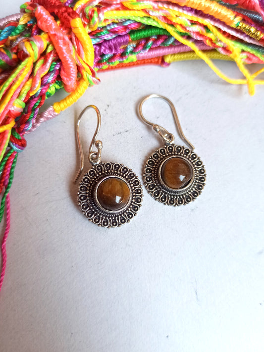 Boho silver tiger eye circle earrings