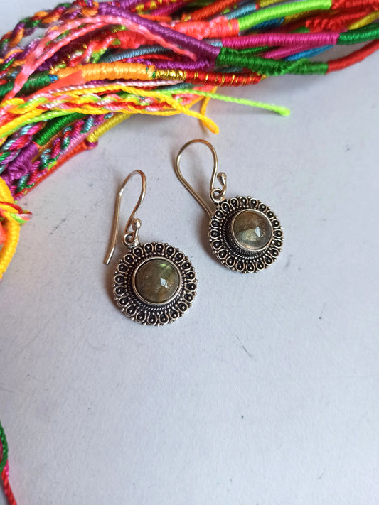 Boho silver labradorite hoop earrings