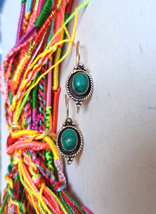 Turquoise oval silver boho earrings