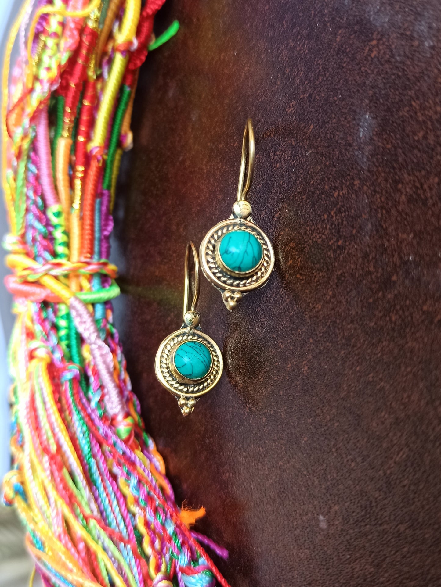 Golden boho earrings with turquoise circle