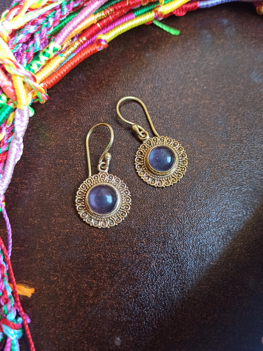 Golden boho earrings with purple circle