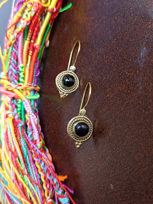 Golden boho earrings with black onyx circle