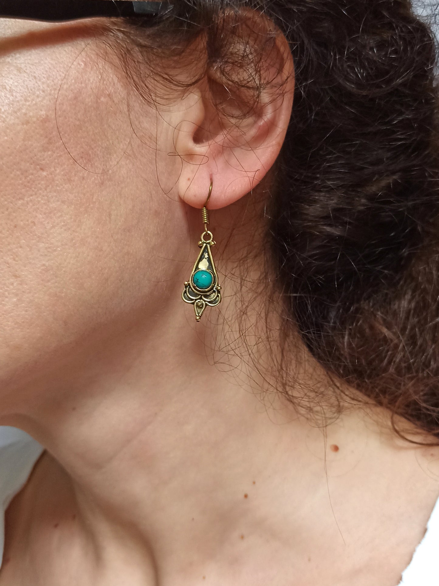 Golden boho earrings with turquoise lotus tip