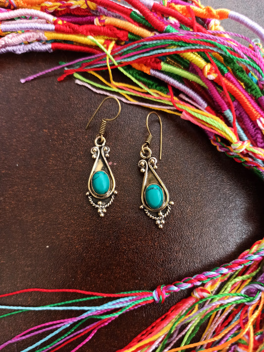 Turquoise oval drop golden boho earrings