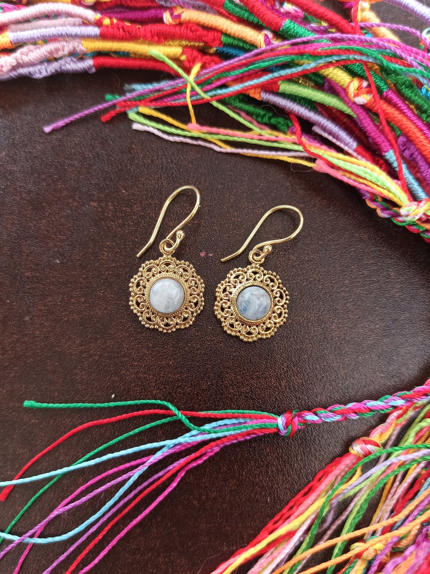 Small golden moonstone lace boho earrings