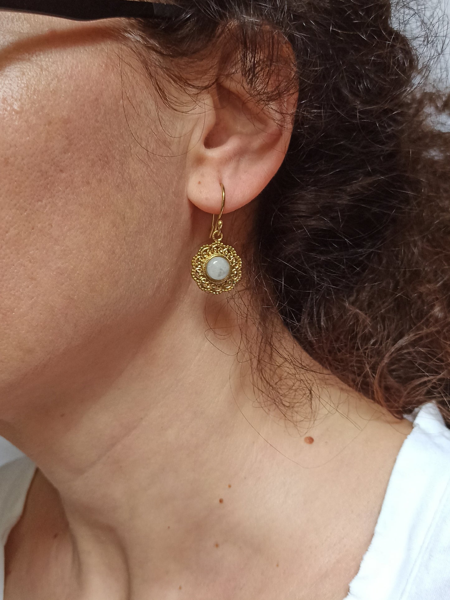 Small golden moonstone lace boho earrings