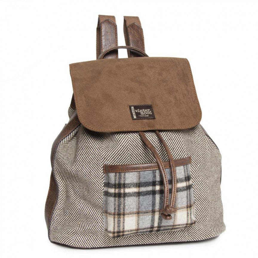 Gray herringbone patterned backpack