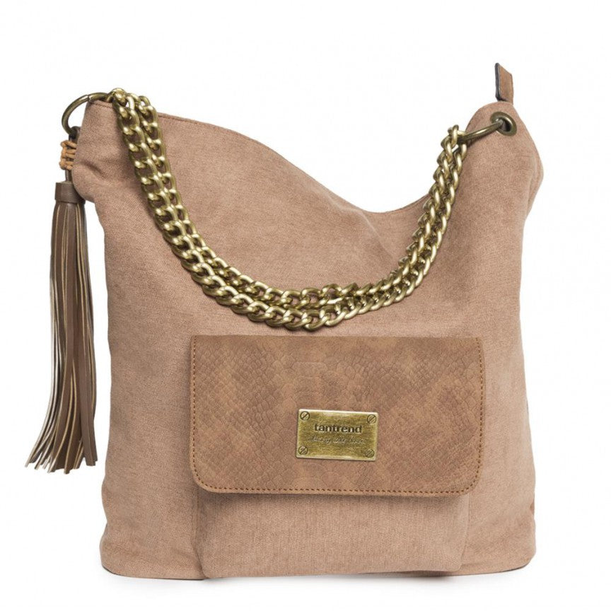 Beige velvet bag with golden chain